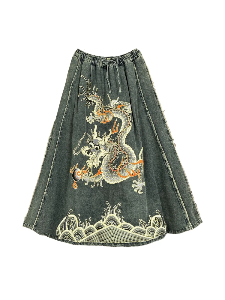 TIYIHAILEY Women's Blue Long Maxi Embroidery Skirt, High Waist, Elastic, Ladies' A-Line, Spring, Summer, New, 2025 Chinese Style