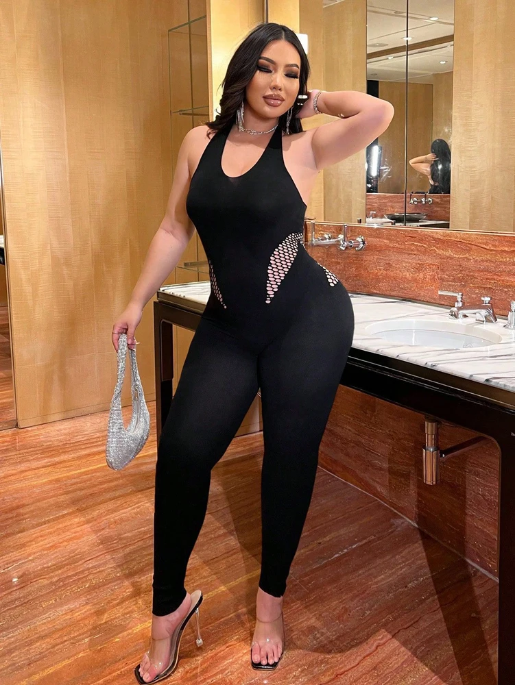 

Сексуальный летний комбинезон из сетчатой ткани с вырезами, без рукавов, черный, для ночных клубов, фитнеса, женский комбинезон-боди.