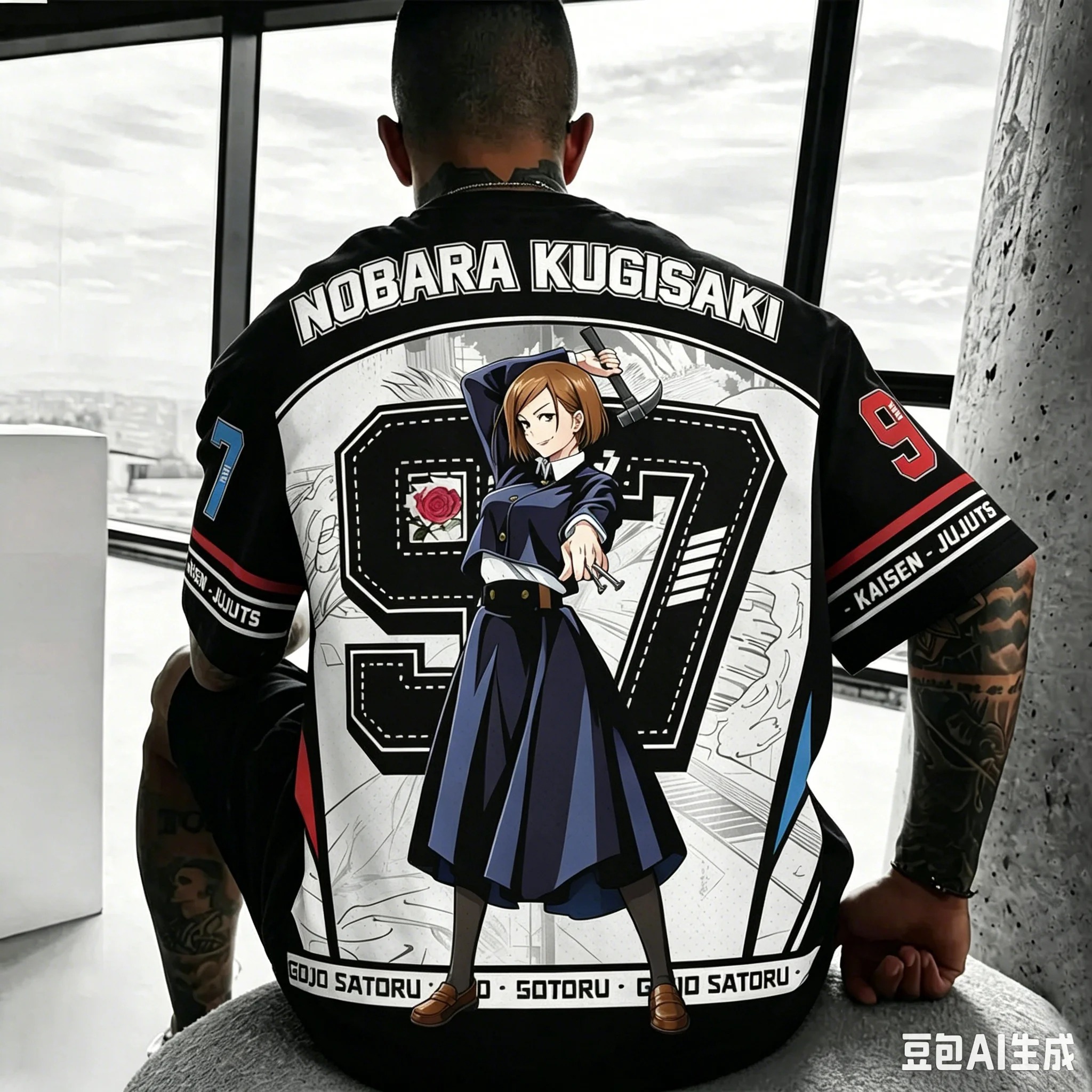 Men Jujutsu Kaisen Nobara Kugisaki 97 Number Graphic T-Shirt Full Back Print Oversized Mesh Y2K Street Anime Fan Daily Outfit
