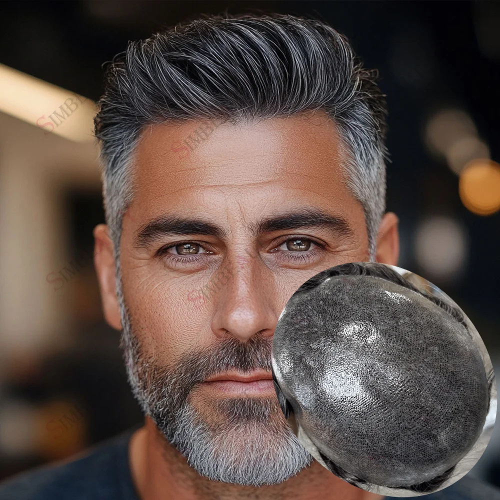 Gray Human Hair Men's Silicon Skin Base Hair Units Replacement System Durable Natural Hairline 0.1mm Thin PU Toupee Cheap Wigs