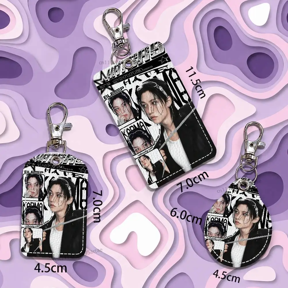 F-Felix Lee S-SKZ Rectangle ID Card Case Keychain Access Card Bag Key Tag Ring Leather Card Holder Key Ring view 4