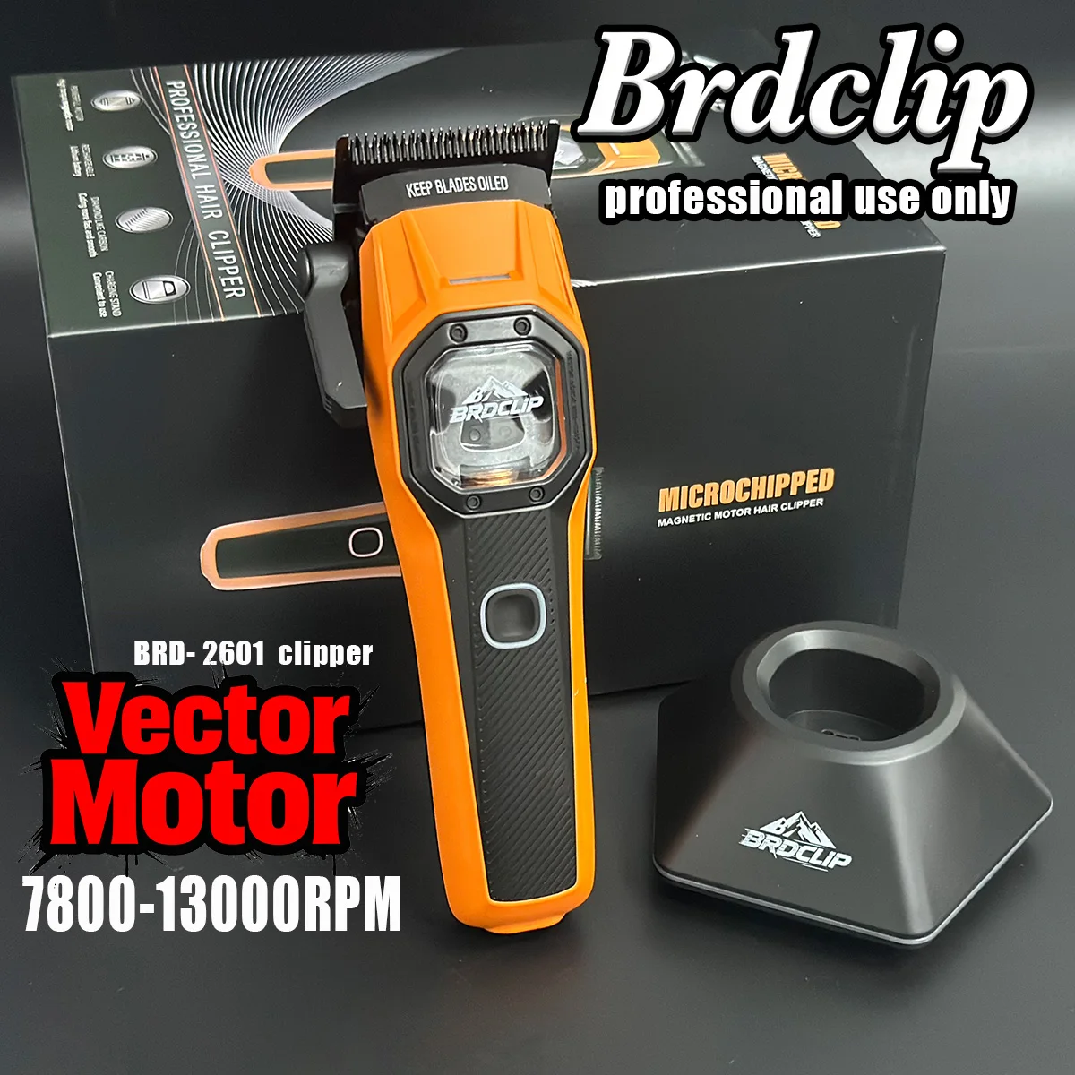 

Профессиональная машинка для стрижки волос BRDCLIP 2601 с векторным мотором 7800-13000 об/мин, металлический триммер для мужчин с зарядной базой и 10 насадками-гребнями