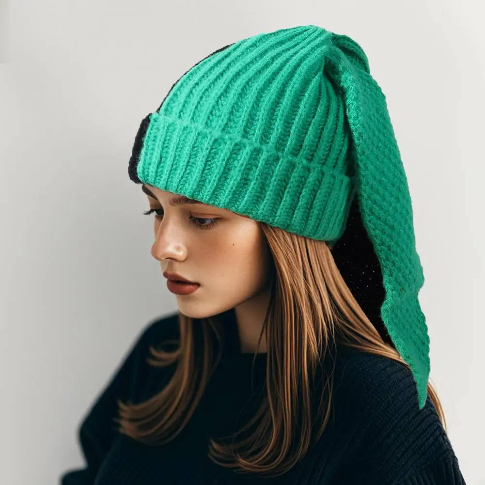 Winter Knitted Hat Long Bunny Ear Decor Contrast Color Unisex Beanies Warm High Elasticity Windproof Headwear Cold Weather Cap