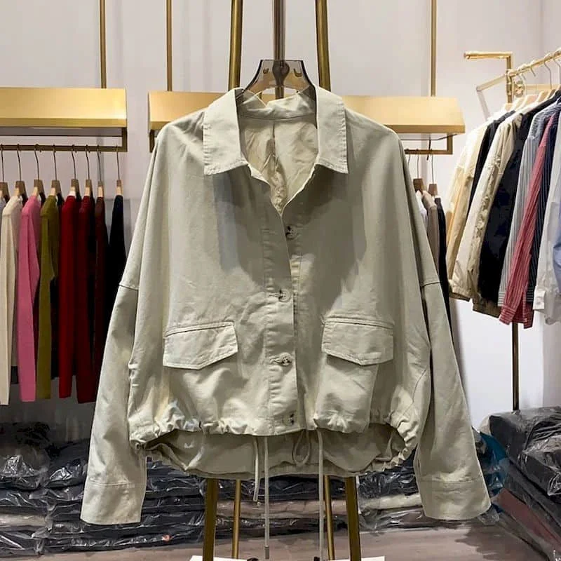 

Shirt Jackets for Women Vintage Korean Style Oversized Polo-neck Solid Cardigans Long Sleeve Workwear Coats Cropped Women Tops