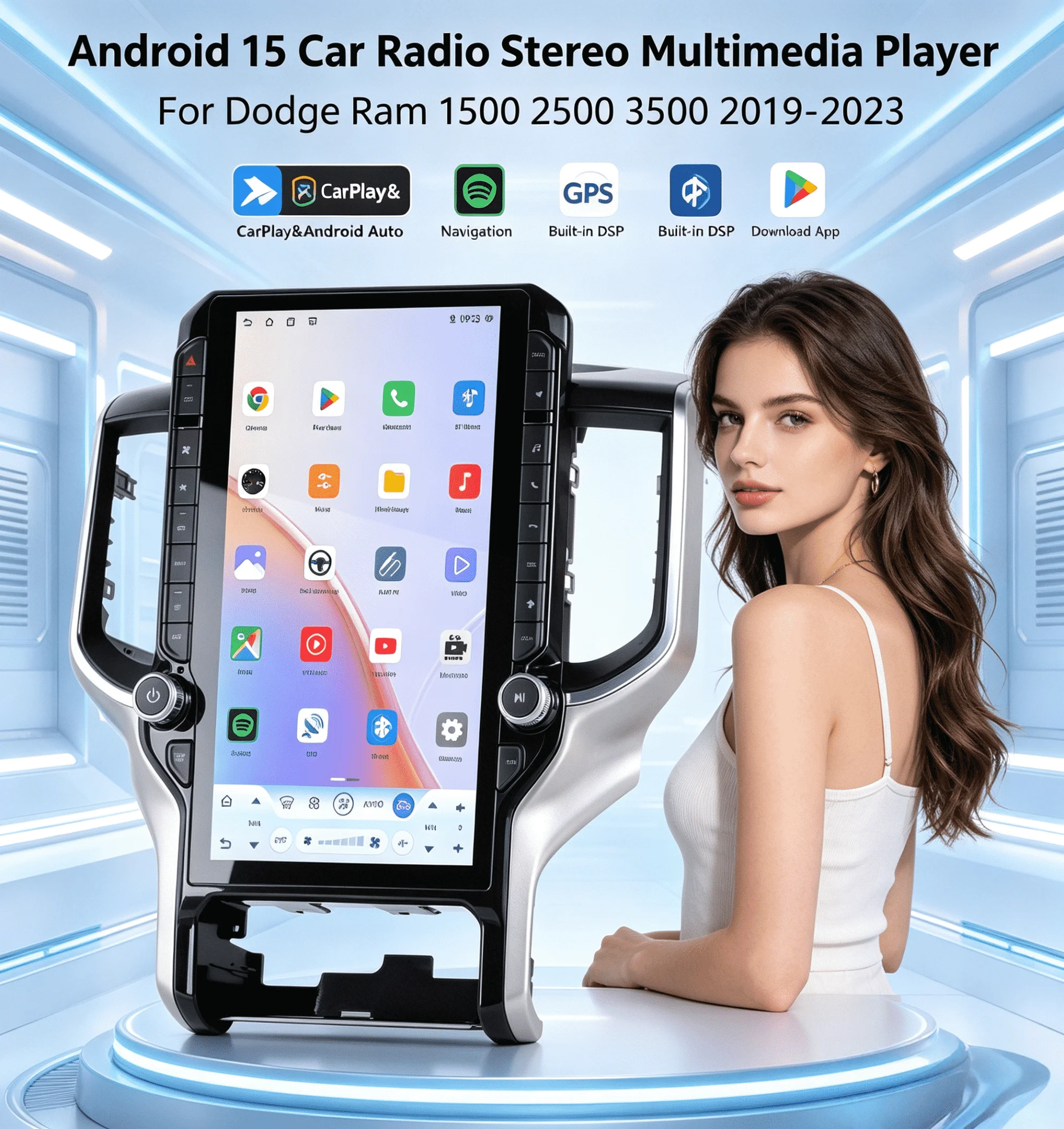 For Dodge Ram 1500 2500 3500 2019 2020 2021 2022 2023 Car Radio Multimedia Player Android 15 Bluetooth Screen Audio DSP Stereo