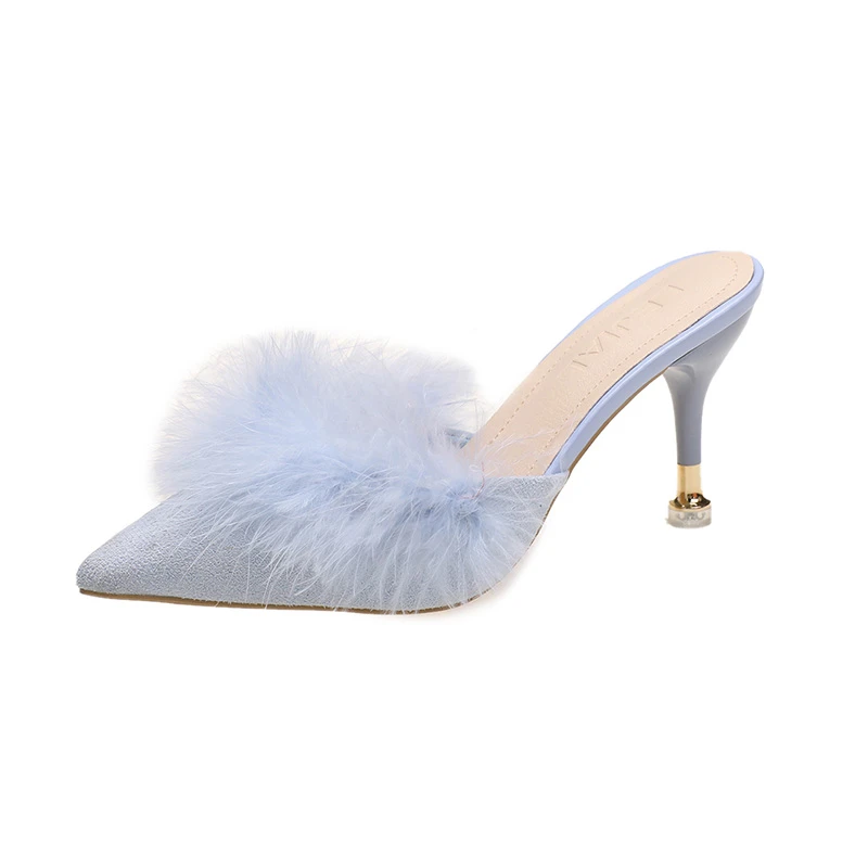 Women High Heels Slippers 2023 Summer New Fur Pointed Toe Thin Heels Women Mules Dress Party Outside Ladies Shoes Pantuflas