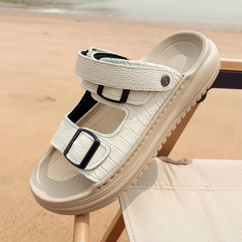 

Outdoor Genuine Leather Men's Sandals Summer Slippers Comfortable Breathable Non-Slip Thick Bottom Sandals Man's Beach Shoes