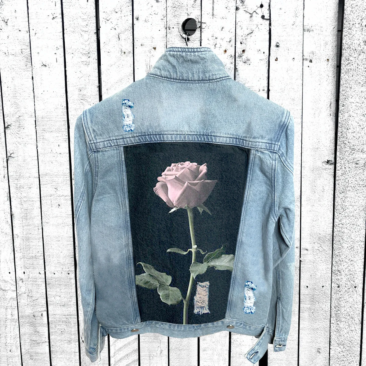 

New Stylemen's Denim Jacketmen's 2024 New Coat Winter Casual Lapel Ripped Rose Flower Personality Printed Denim Jacket Male
