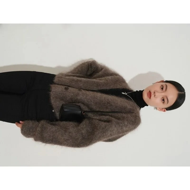 

Luxury Brand Fluffy Wool Sweater Knitted Cardigan Women Autumn Winter Design Coat Button V-Neck Long Sleeve Top High Quality New