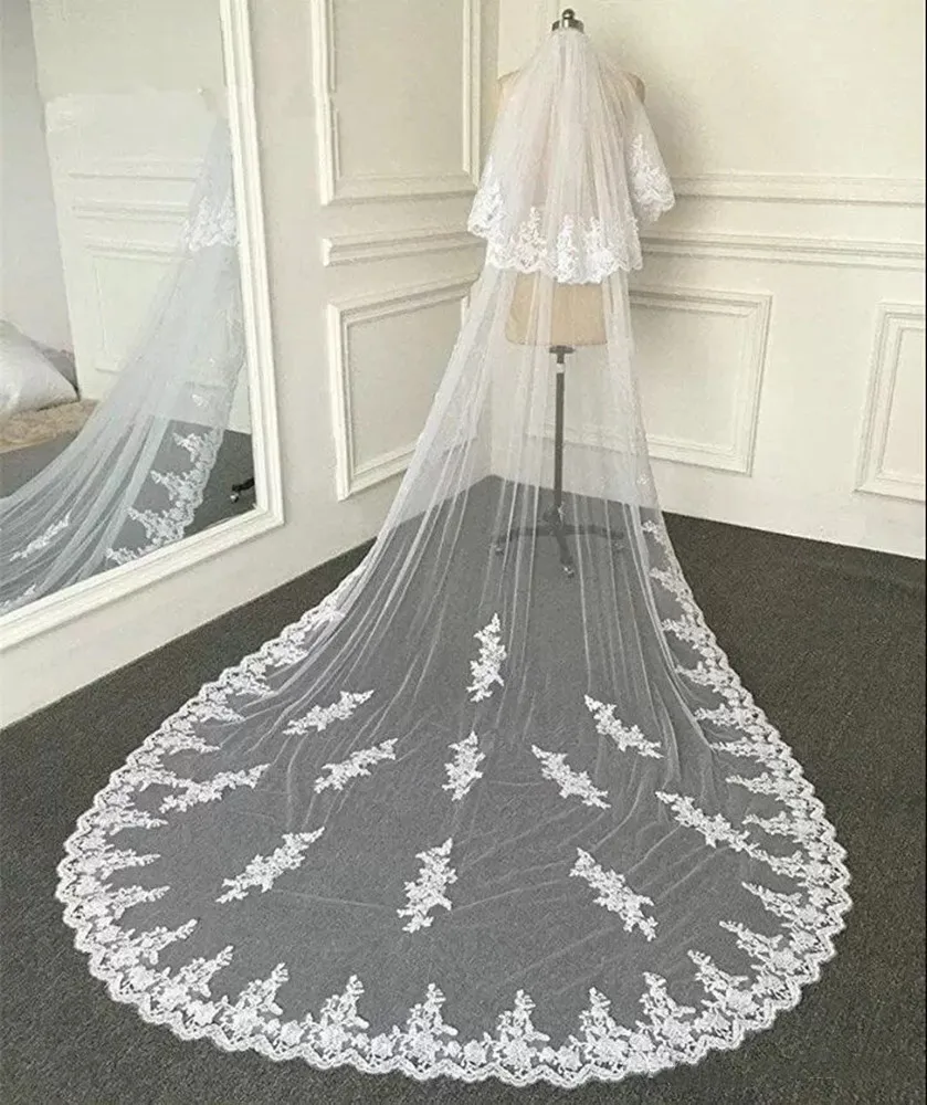 

White Ivory Lace Cathedral 2 Layers Wedding Veil 3 Meters 2T Cover Face Bridal Veil with Comb Blusher Veil Wedding Accessories