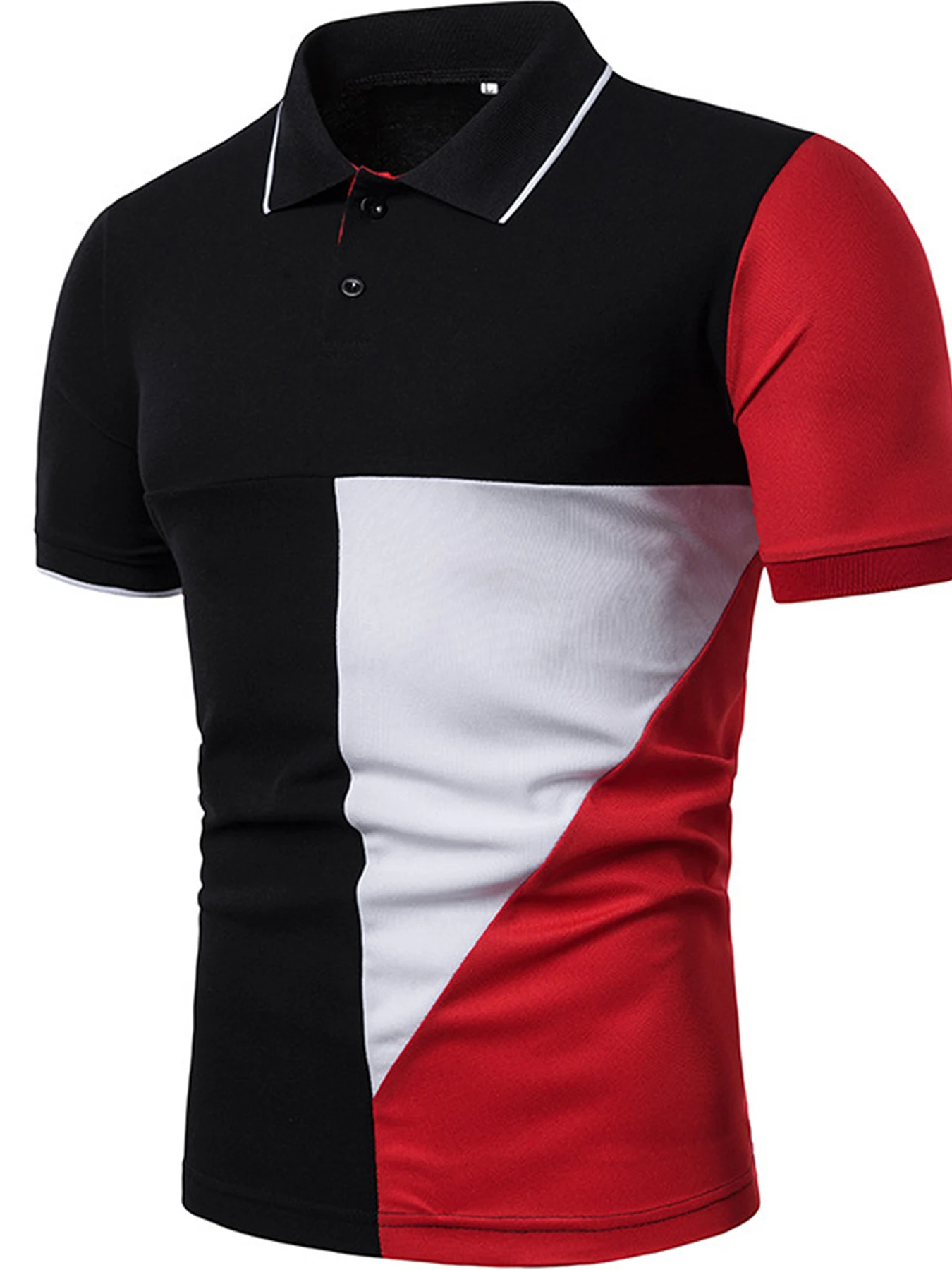 Mens Shirts Short Sleeve Polo Stand Collar Color Block Top