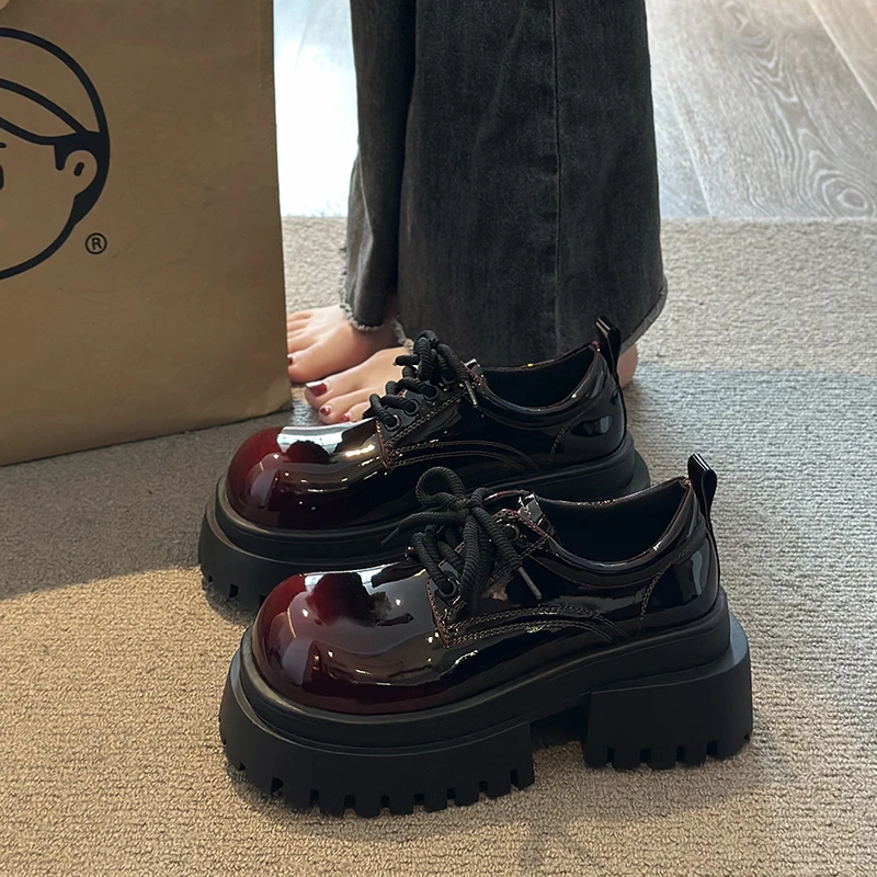 الرجعية جولة تو أحذية جلدية صغيرة المرأة ربيع جديد سميكة القاع نمط براءات أحذية جلدية بدون كعب أحذية سميكة سوليد #4