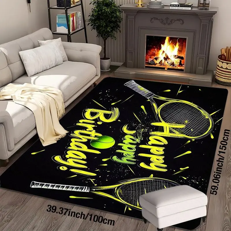Flannel Printed Tennis Birthday Rug Happy Birthday Design Soft Fleece Floor Mat Living Room Carpet Sport Party Decor Rugs