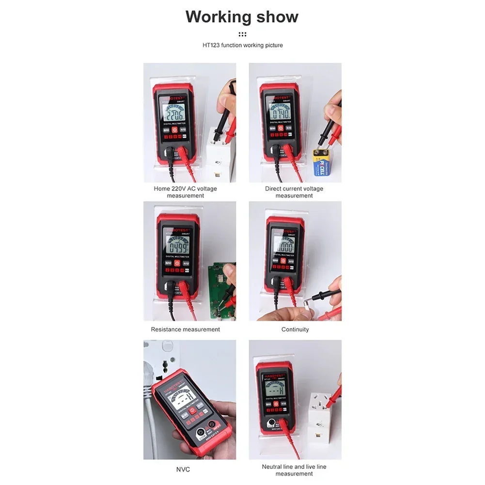 HT123 High Precision Digital Multimeter with NCV Detection and LED Flashlight Measures DC Voltage and Resistance Up to 600KΩ