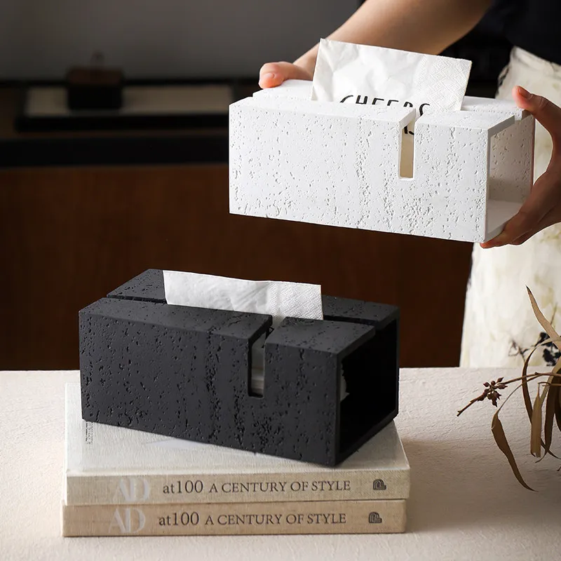 Wabi-sabi style tissue box high-end living room light luxury medieval desktop personality creative storage travertine texture