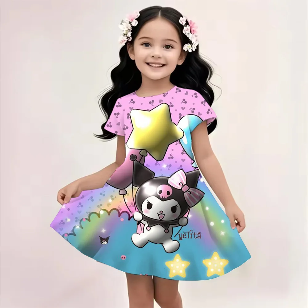 

MINISO Summer Dress Fashion Cartoon Cute Cinnamoroll Hello Kitty 3D Printing Dress Kid Short Sleeve Princess Clothing Kuromi
