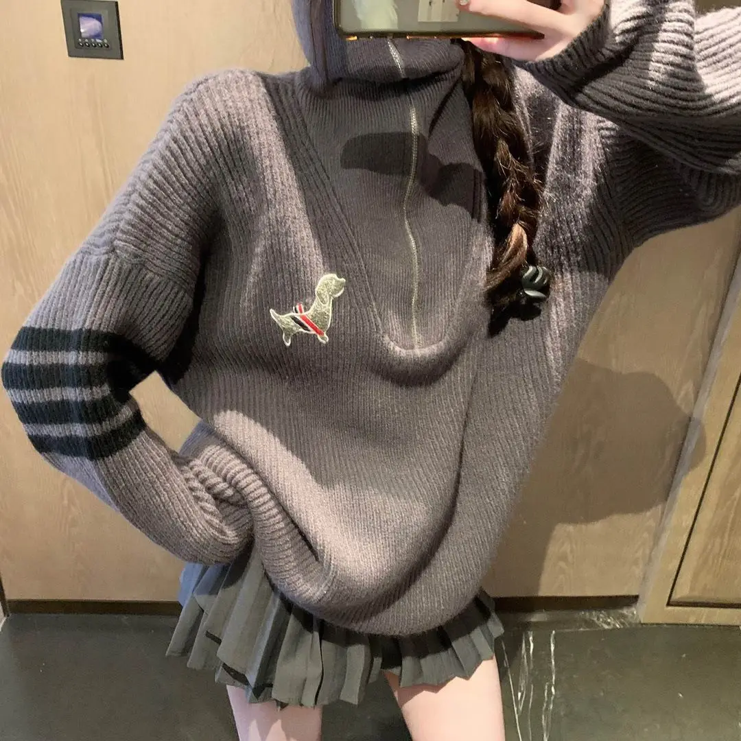 Thickened sweater zipper knitted top women's lapel autumn and winter new Korean style loose and versatile knitted sweater