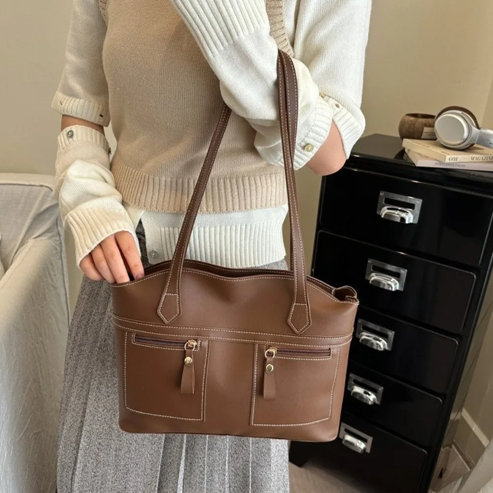 

Trend Large Capacity Double Pockets Commuting Bag PU Leather Stylish Shoulder Tote Bag Versatile Vintage Handbag Work