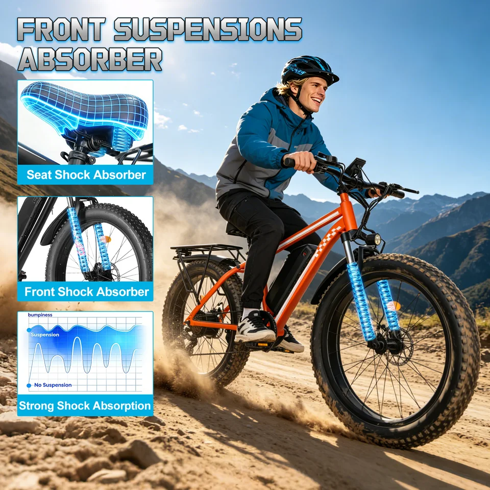 OBX Peak 1000W Electric Bicycle 48V 15Ah Battery 32mph E-Bike with 26x4 Inch Off-Road Tires Mountain Ebike Snowmobile Bike image 5