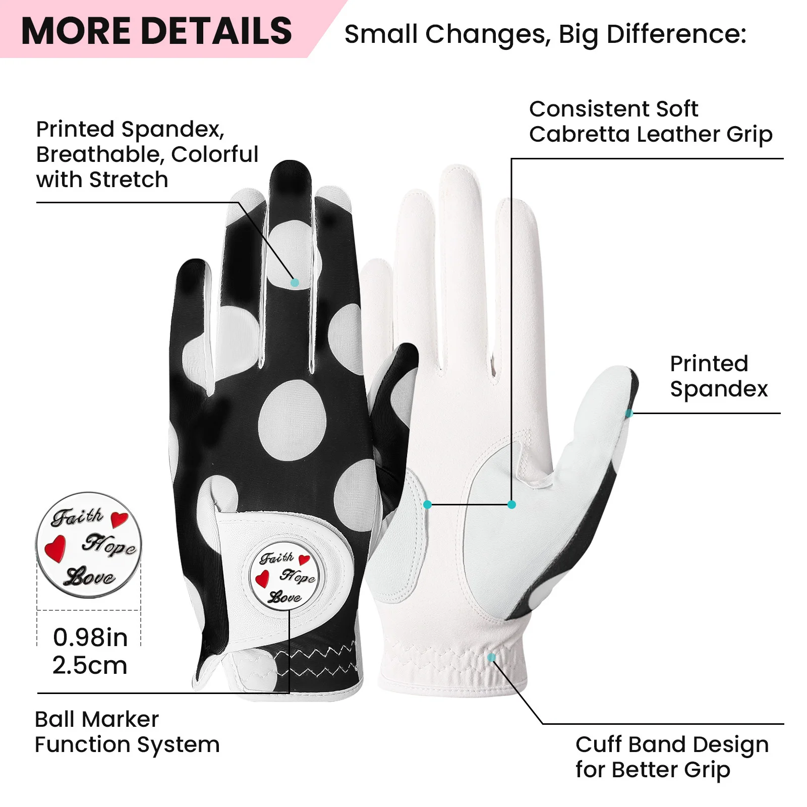 Golf Gloves Women Left Right Hand Leather with Ball Marker 1 Pack,  All Weather Glove for Right Left Handed Golfer