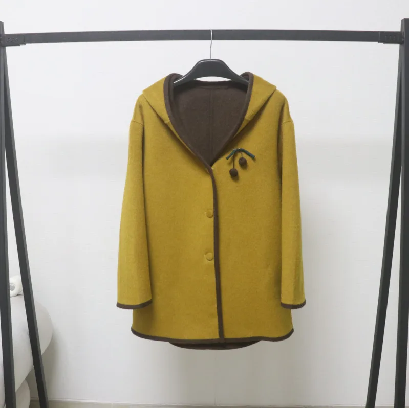 Women's Autumn Winter Hooded Long Sleeve Color Contrasted Wool Coat Lady Single Breasted Loose Wool Outwear