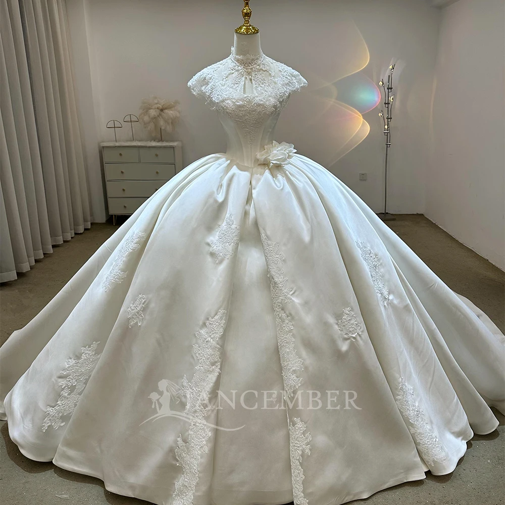 Luxurious Satin Ball Gown Women's Wedding Dresses Shiny Princess Bride Gowns Customized Removable Sleeves robe de mariée