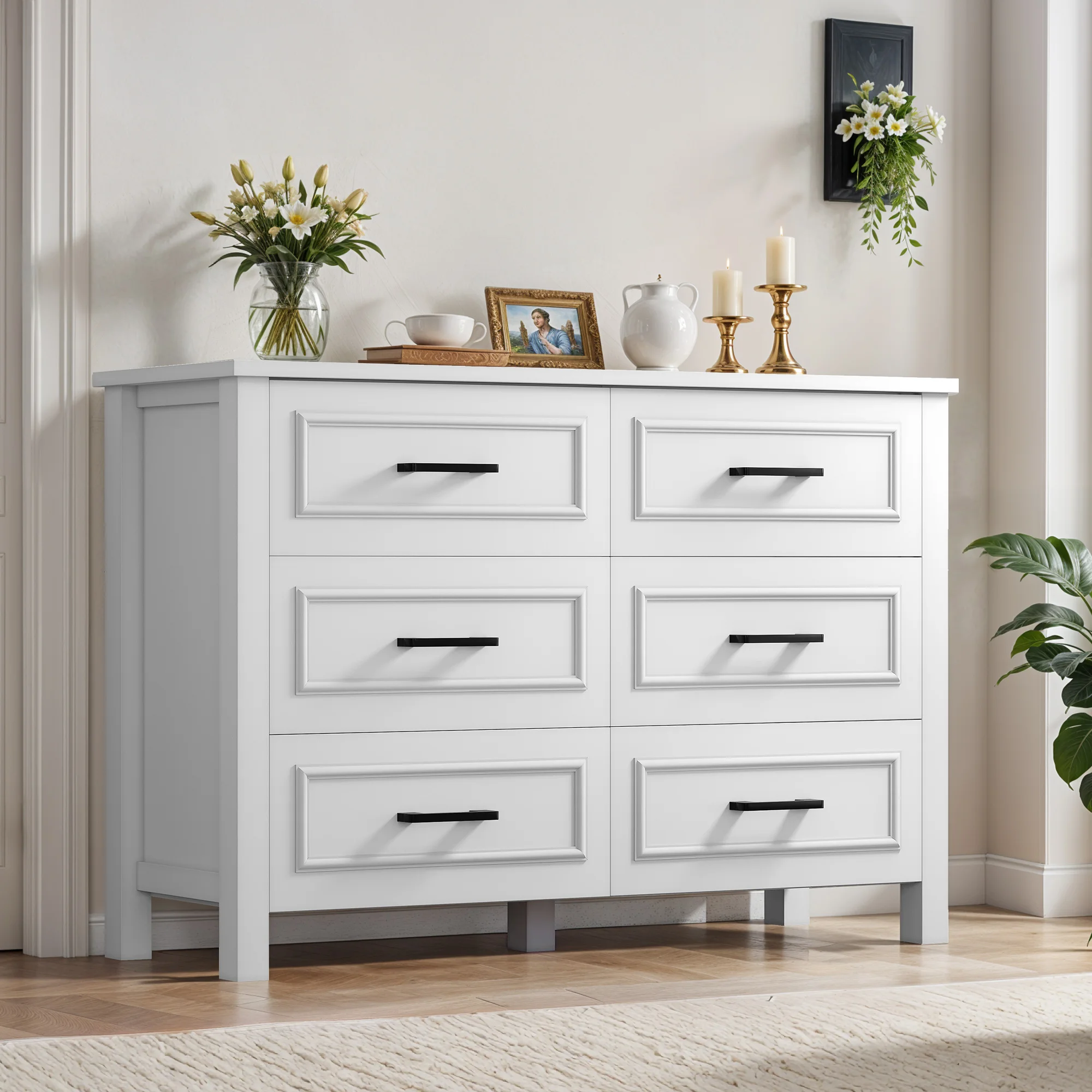 6-Drawer Dresser with Built-in Power Outlet, Bedroom Wood Dresser TV Stand