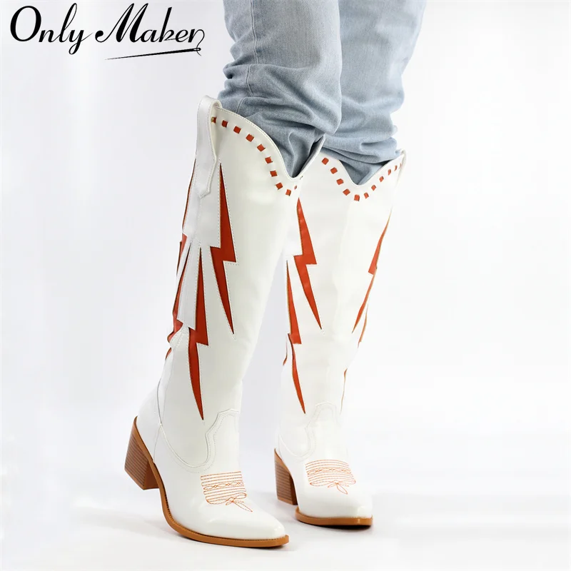 Onlymaker Women White Knee High Boots Western Cowboy Boots Wide Calf Embroidered Pointed Toe Block Heel Pull-On Cowgirl Booties