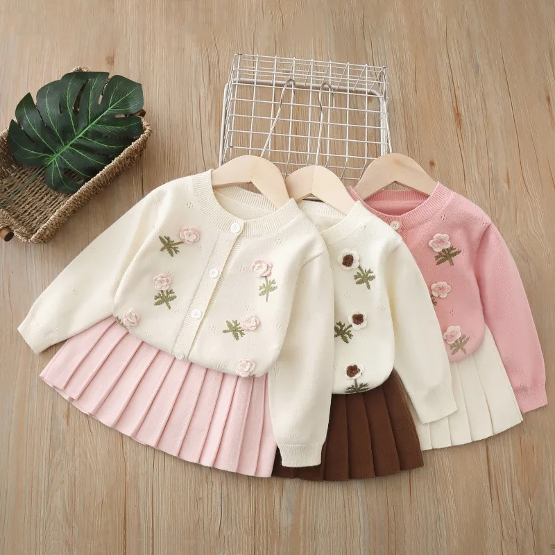 

Girls Knitted Clothing Sets Spring Autumn Children Woolen Jersey Sweaters Coats Skirts Kids Princess Dress Suit For Baby Outfits