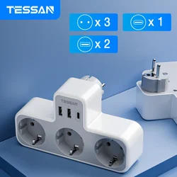 TESSAN EU Adapter wtyczki ściennej z 3 gniazdami AC i 3 portami USB (1 USB C) 5V 2.4A Europejska listwa zasilająca do domowego biura