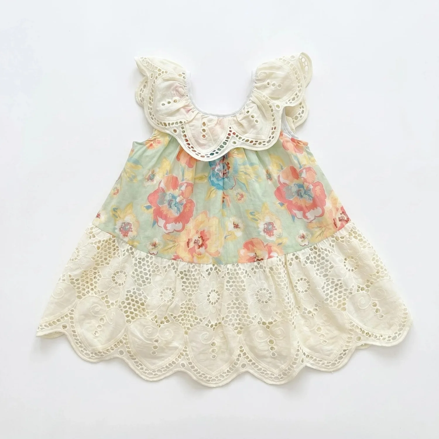 2026 News Girls Summer Princess Dress Hallow Cut Out Lace Trim Collar and Hem Korean Children’s Clothing Female Child Clothes