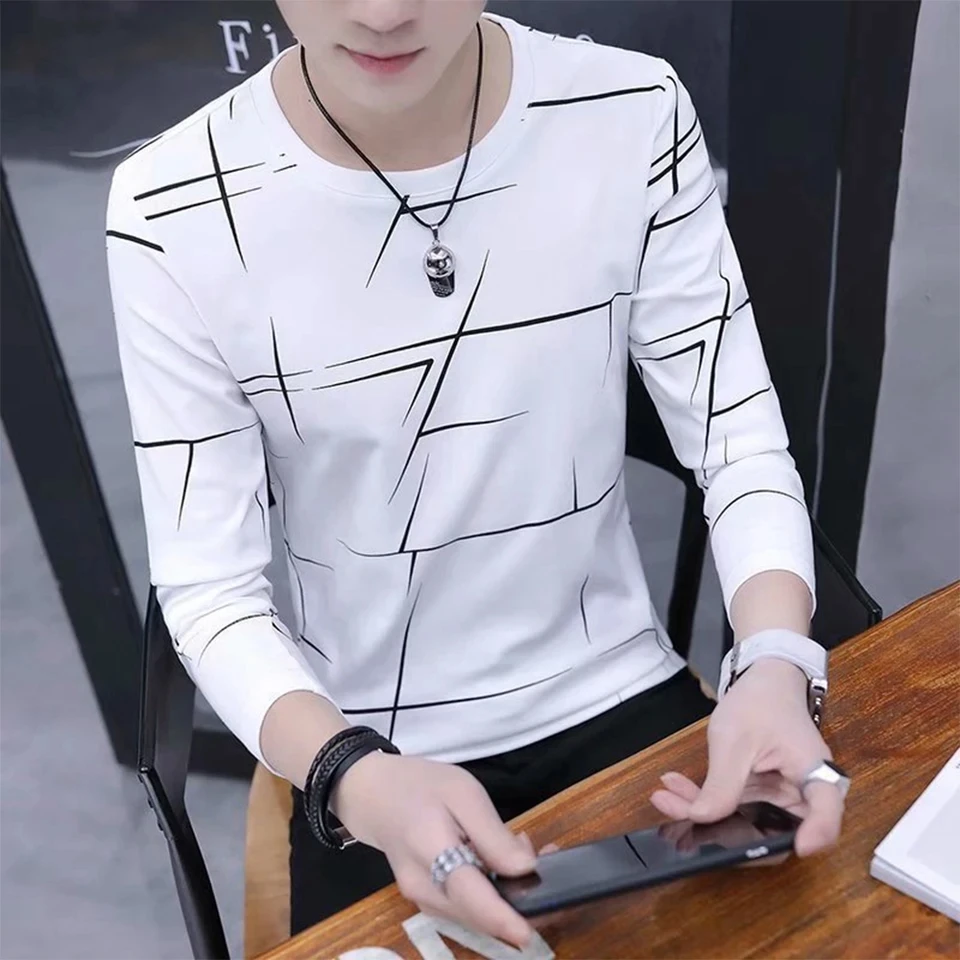 

Long Sleeve T shirt For Men Stripe Print Spring Casual T-shirts Crew Neck Tops Male Tops Classic Clothes Men's T-shirts