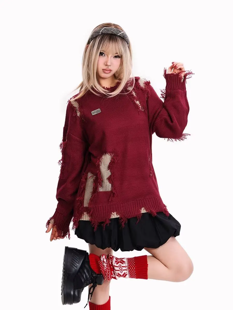 

Осенью и зимой с неровными отверстиями, вязаный свитер с круглым вырезом для мужчин и женщин, свободный уличный свитер в стиле ретро 2025 года.