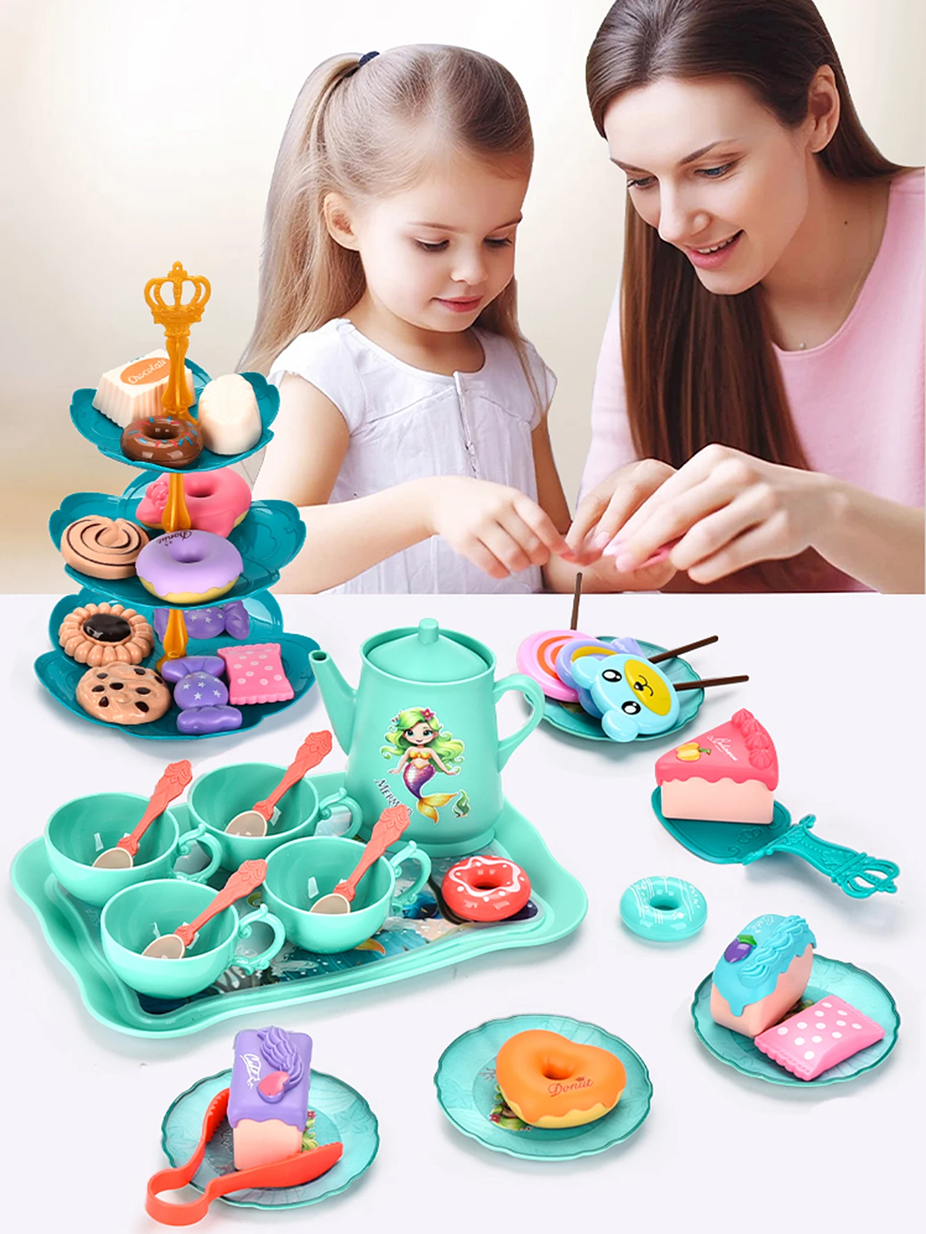 Juego de té de la tarde para niñas, juguete de té de la tarde de princesa sirena, juguetes de vestir para fiesta de té, caja de regalo portátil de pastel de postre simulado