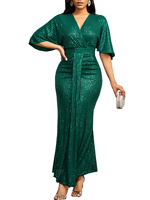 Women Sequin Dress Summer elegant V-Neck Ruffles Short Sleeves Vintage Pencil Pleats Slim Fit Fashion Banquet Cocktail Party