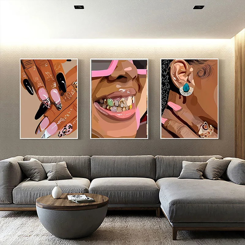 

Pink Nail Art Gold Teeth and Necklace Poster Black African Woman Personalized Trendy Canvas Painting Bedroom Frameless Wall Art