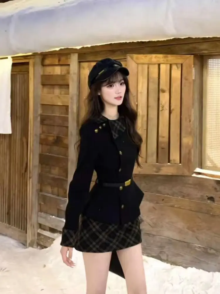 

Winter Fashion Set High Waist Coat And Skirt Two Piece Suit Women's Clothing Slim Fit Short Sleeve Long Sleeve Plaid