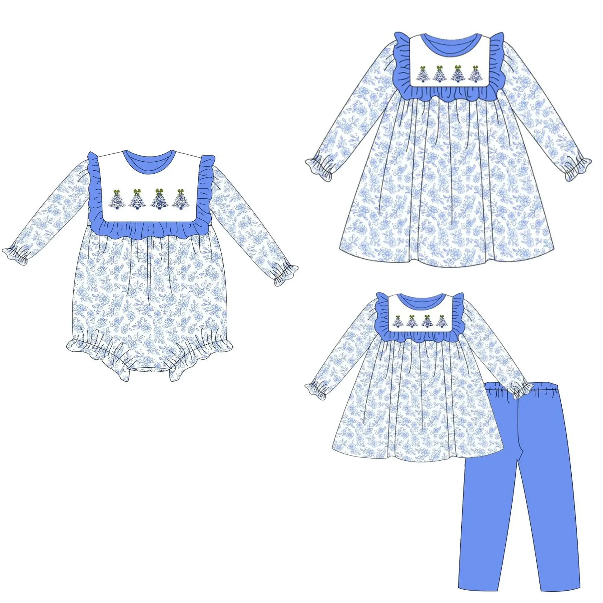 

Boutique Autumn Newborn Clothing Girls Three-piece Matching Clothing Blue Clothes Christmas Tree Elements Boutique Girls Clothin
