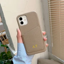 Personalized Phone Case with Card Holder Custom Initials Protective Cover iPhone16Promax 11 12 13 14 15Pro Max XS XR Mini
