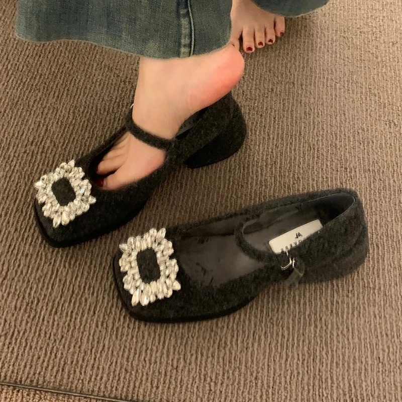 

Crystal Women Heeled Shoes Luxury New Squre Toe High Heels Shoes Fashion Loafers Designer 2025 Winter Party Chunky Pumps Zapatos