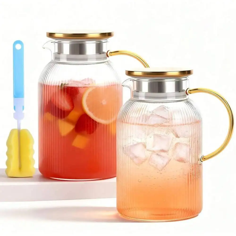 Vertical Striped Glass Pitcher With Golden Handle, Large Capacity Cold Water Carafe, Glass Beverage Jug With Lid For Iced Tea, Fruit Infused Water
