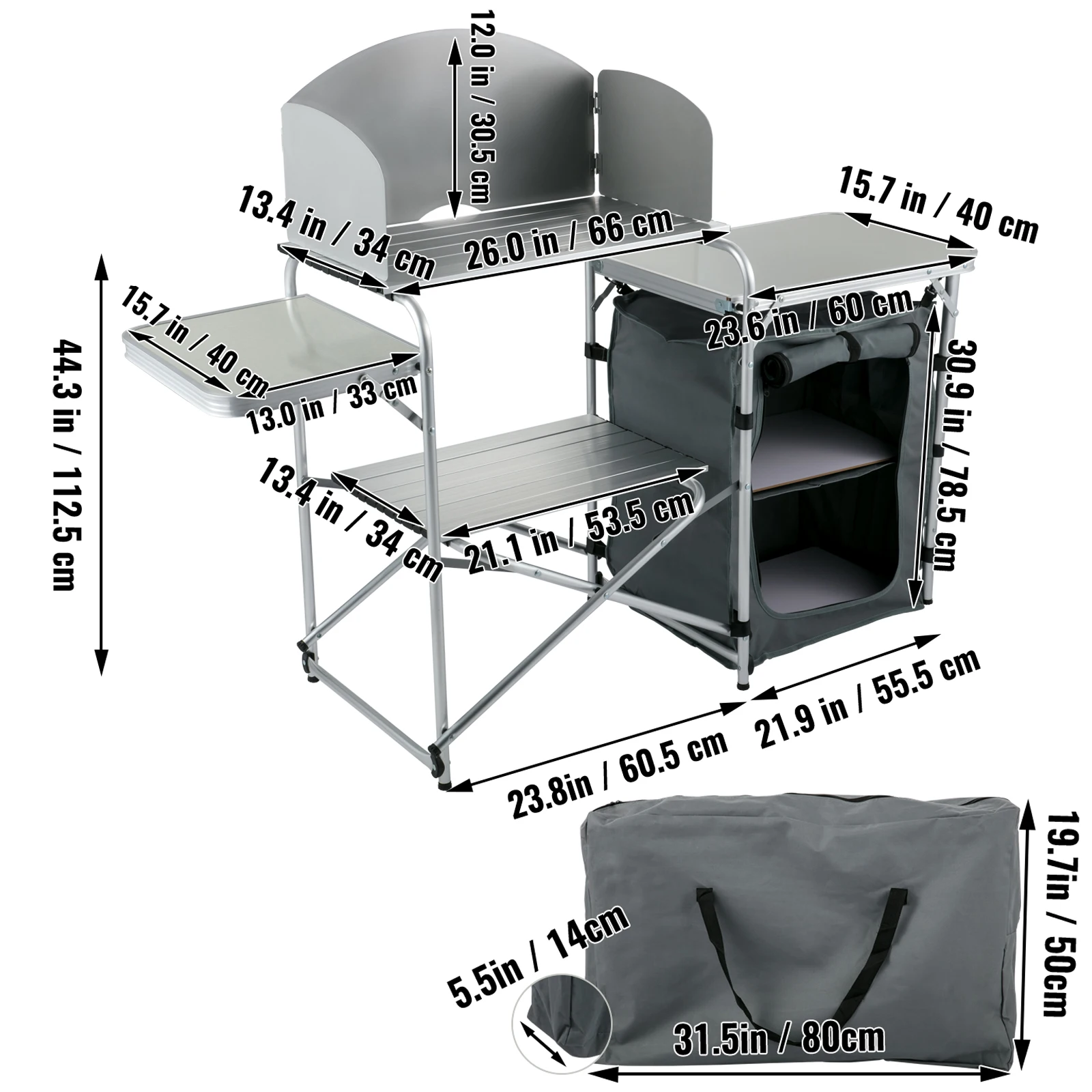 VEVOR กลางแจ้ง Camping โต๊ะในครัวแบบพกพาพับอลูมิเนียมปิกนิกตู้กระจกออแกไนเซอร์จัดเก็บปรับฟุต