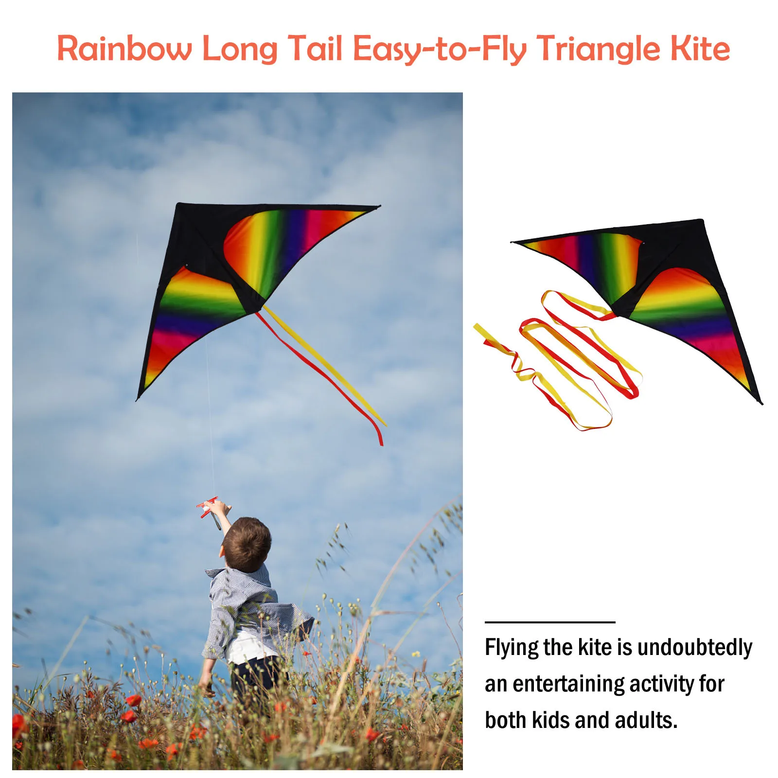 Cometa arcoíris de cola larga con forma de triángulo de colores brillantes para niños, fácil de volar para actividades al aire libre, cometa en forma de triángulo