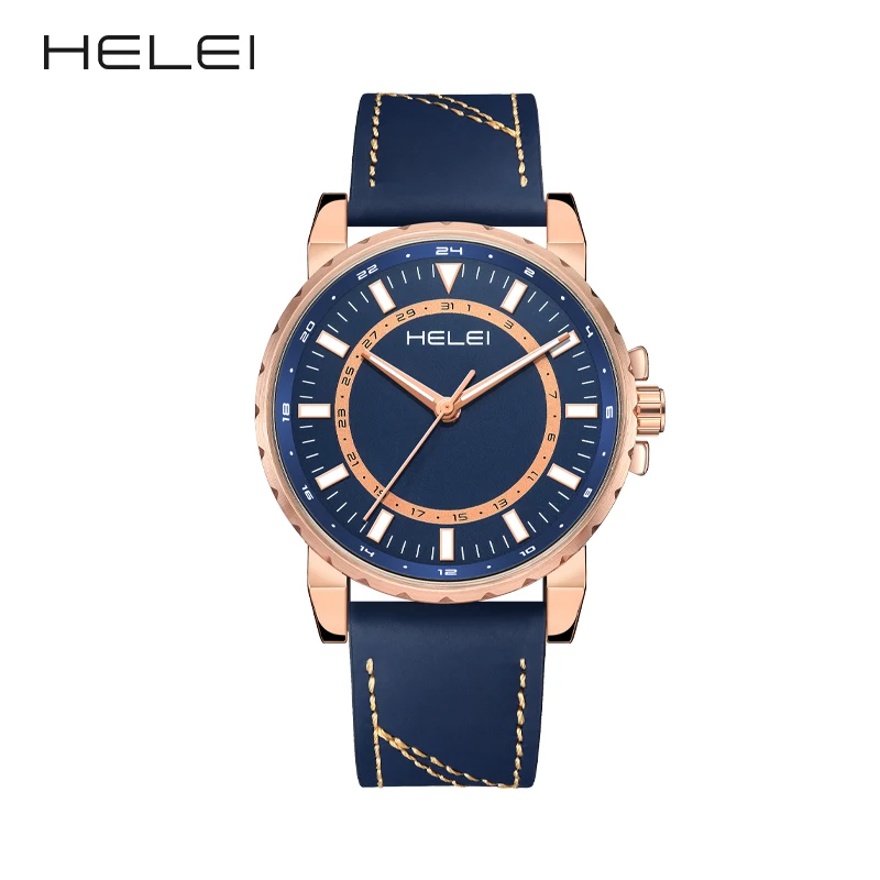 HELEI Fashion new sports casual quartz watch date genuine leather strap men's wristwatch