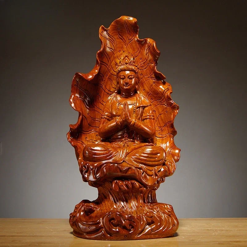 rosewood lotus leaf Guanyin ornament wood carving Buddha statue home decoration handicrafts