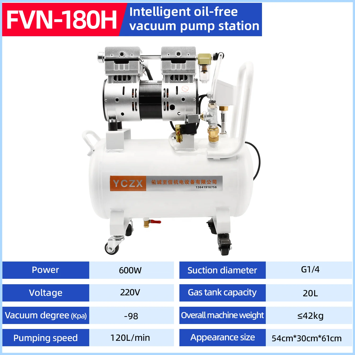 Wysokociśnieniowa 120 l/min 98 kPa 220 V 600 W dwustopniowy zestaw tłokowych pompy próżniowej bezolejowa ze zbiornikiem magazynującym powietrze 20 l niestandardowe wsparcie ODM