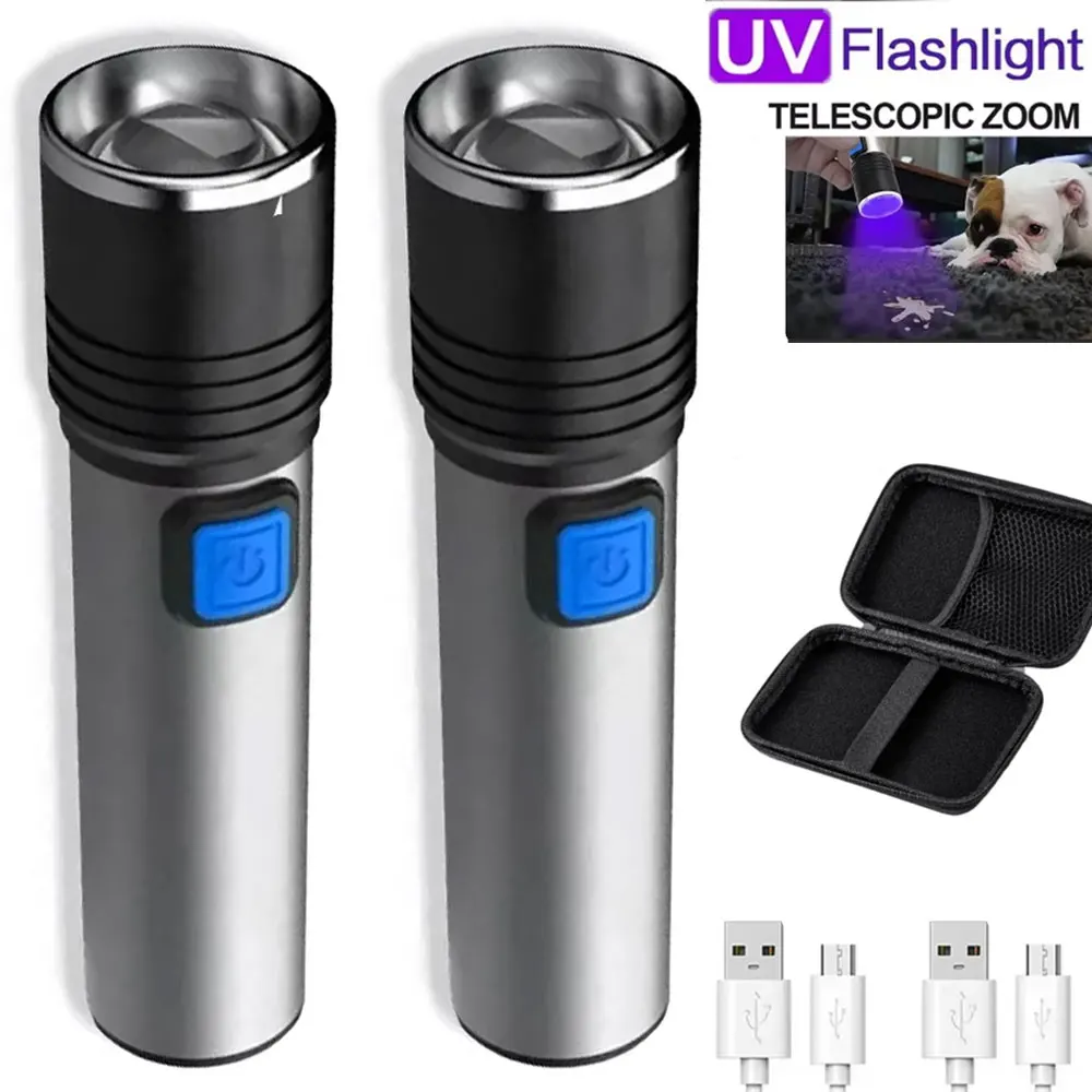 1/2PCS USB Lade Uv Zoombare Wasserdichte Taschenlampen UV Taschenlampe Tragbare Lampe Haustier Urin Detektor Jagd UV licht