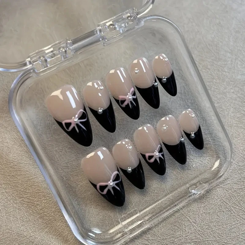 10 Stück hochwertige, leichte, luxuriöse französische schwarze handgefertigte künstliche Nägel, einfacher dekorativer Nagelflicken