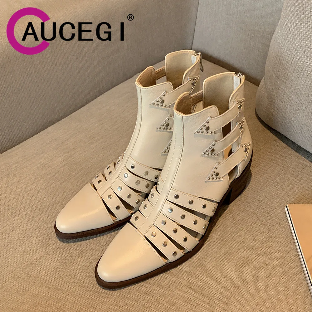 

Aucegi 2022 Summer Ankle Boots For Women Square High Heel New Brand Zipper Gladiator Sandals Rivet Party Dress Shoes Black Beige