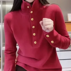 Thickened Double Sided Velvet Hoodie Top Women 2026 New Autumn Winter High Collar Button Loose Warm Undershirts Female Coat